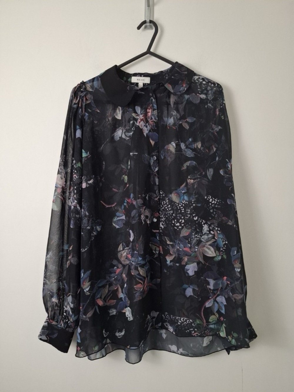 Reiss Black Sheer Floral Button-Front Blouse